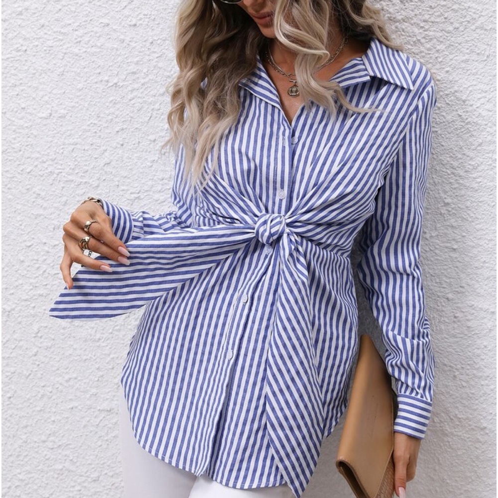 Classic Striped Knot Front Curved Hem Button Down Shirt Top Blouse - Picture 1 of 8